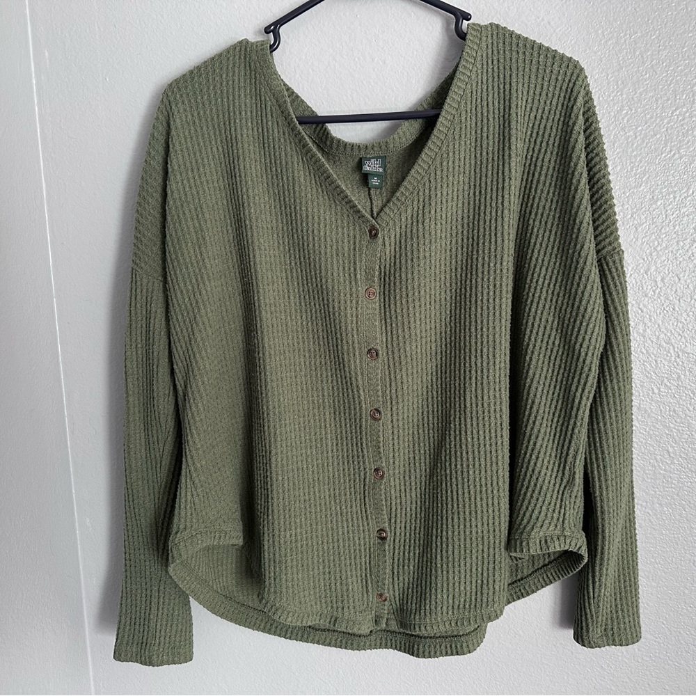 Green Waffle Knit Thermal Cardigan
